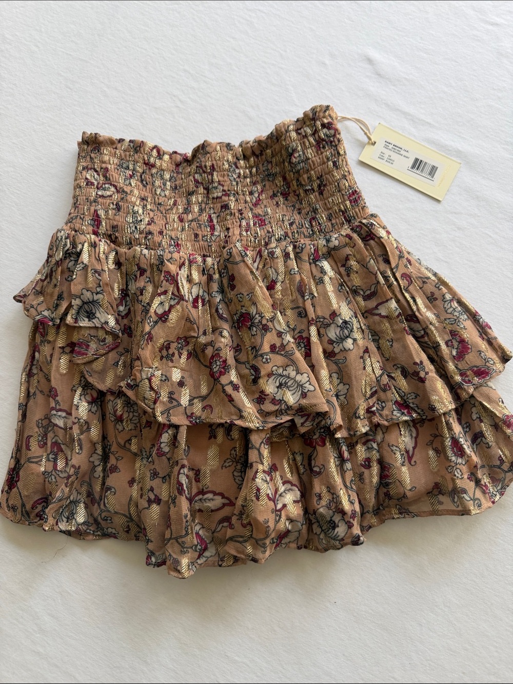 Ramy Book Smocked Ruffle Floral Mini Skirt in Tan XS